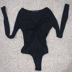 Boohoo Basic V Neck Ruched Front Thong Bodysuit
